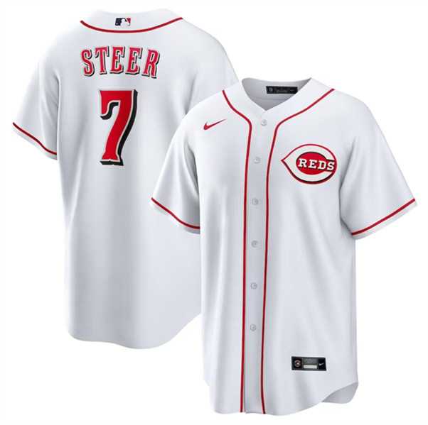 Men's Cincinnati Reds #7 Spencer Steer White Cool Base Stitched Baseball Jersey Dzhi